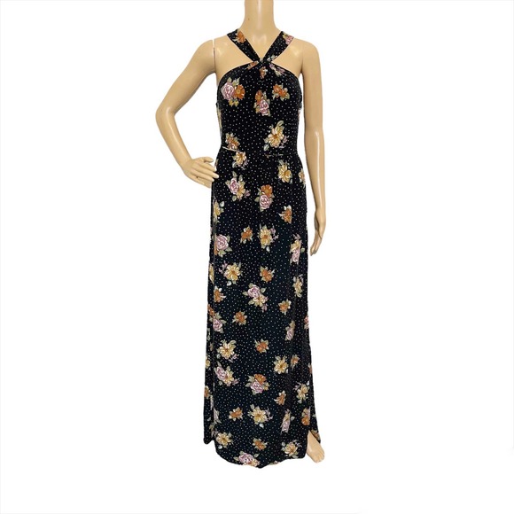 Free People Black Polka Dot Floral Maxi Dress Sz S Boho Festival Summer - Picture 1 of 10